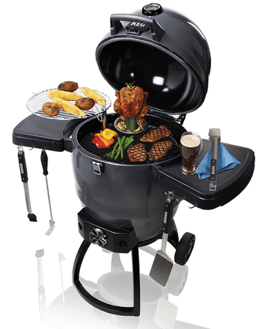 A grill with park, chicken, and vegetables.